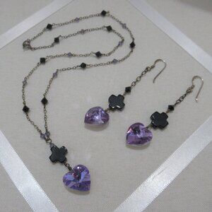 Purple Crystal Heart & Black Cross, Necklace & Earrings Set, Handmade, Silver